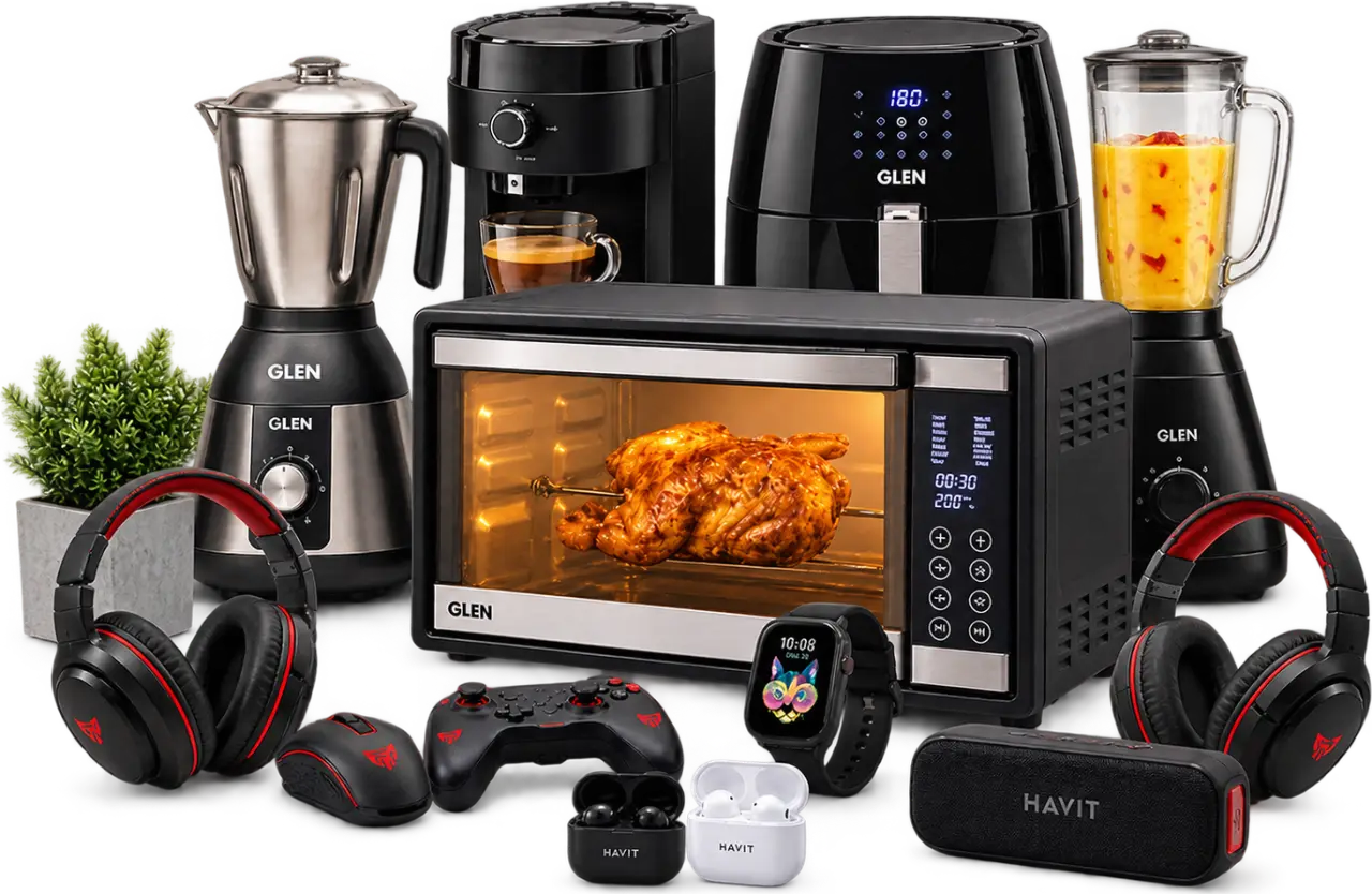 The range Funja carries, side by side: a Glen mixer grinder, coffee maker, air fryer, blender and rotisserie oven, with Havit headsets, a gaming mouse and controller, earbuds, a smartwatch and a Bluetooth speaker standing in front of them.